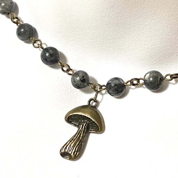 Natural Dark Larvikite Necklace, Bronze Slim Mushroom + Genuine Gemstone Choker - Picture 1 of 14